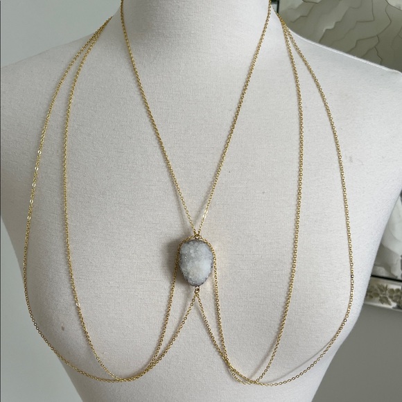 Jewelry - Elegant Gold Necklace Body Chain with White and Gray Agate Druzy Stone Pendant